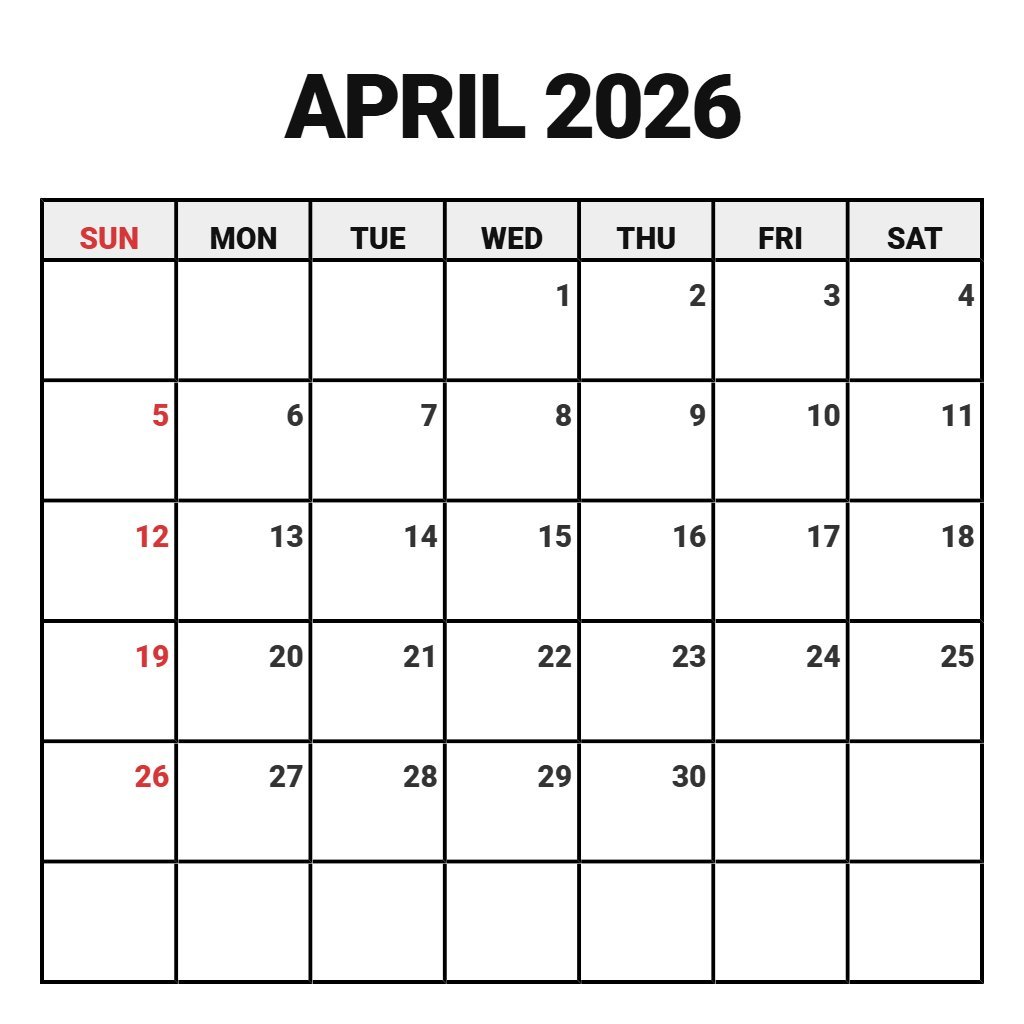 Cute April 2026 Blank Calendar Printable Free Notes PDF Download