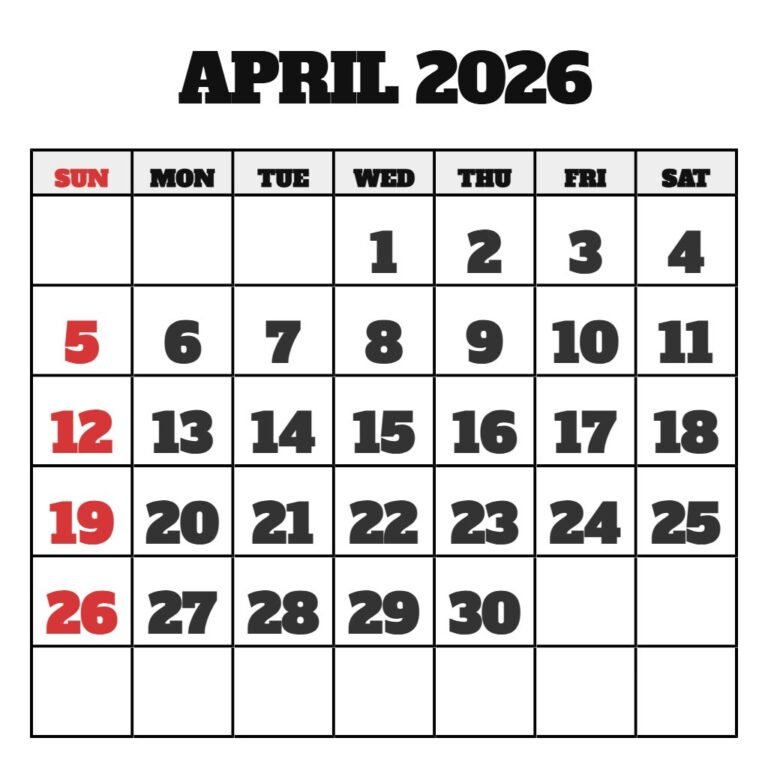April 2026 Blank Calendar Printable Free PDF Download