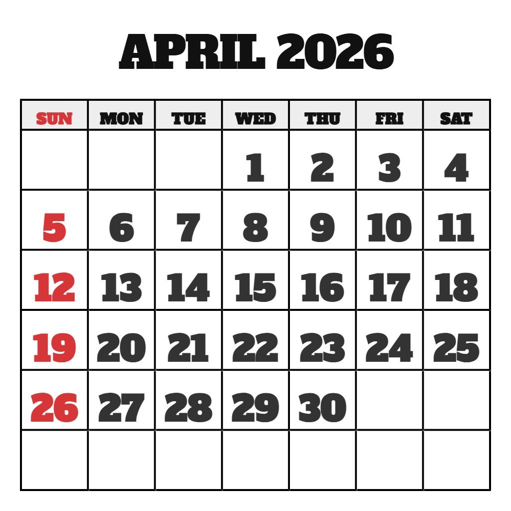 April 2026 Blank Calendar Printable Free PDF Download