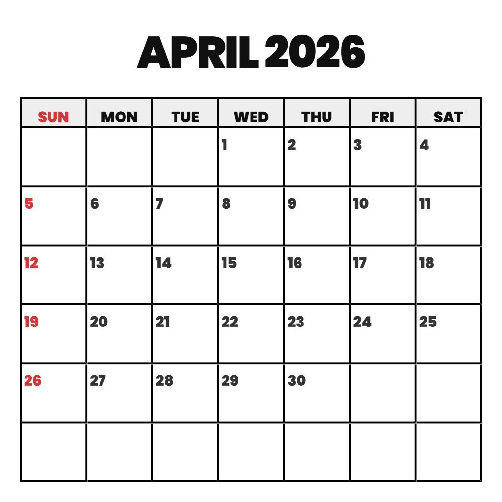 Editable April 2026 Calendar Free Printable Pdf Schedule PDF Download