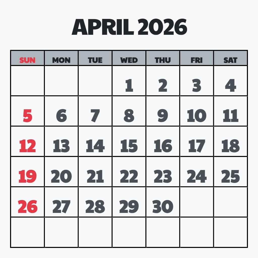 Free April 2026 Calendar Printable Free Schedule PDF Download