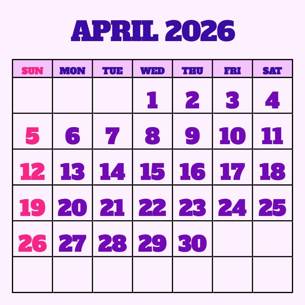 Cute April 2026 Calendar Printable Free Notes PDF Download