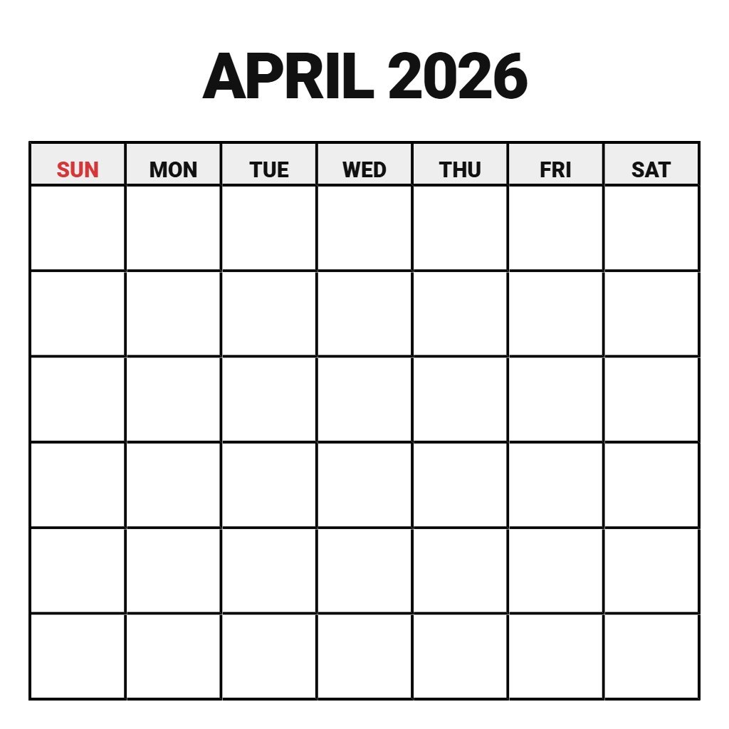 April 2026 Calendar Printable Free Blank PDF Download