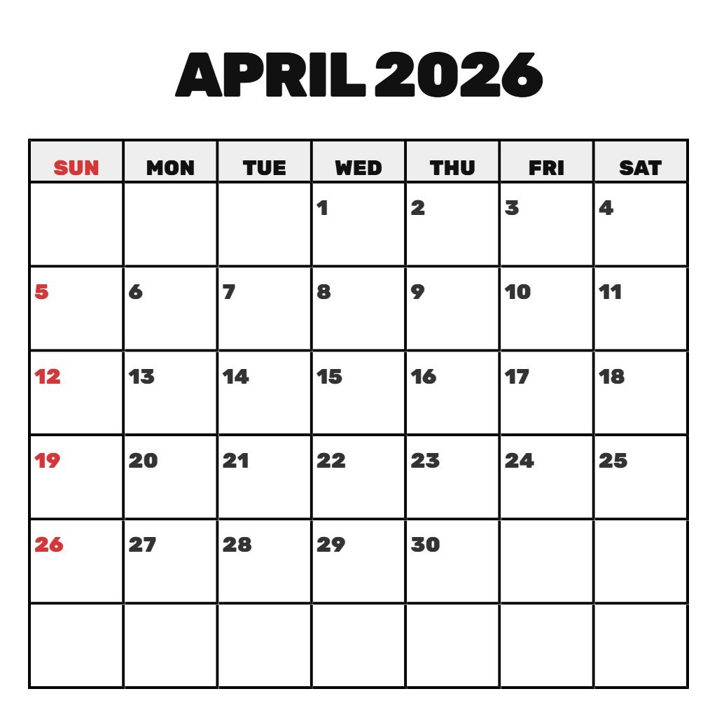 Cute April 2026 Calendar Printable With Holidays Schedule PDF Download