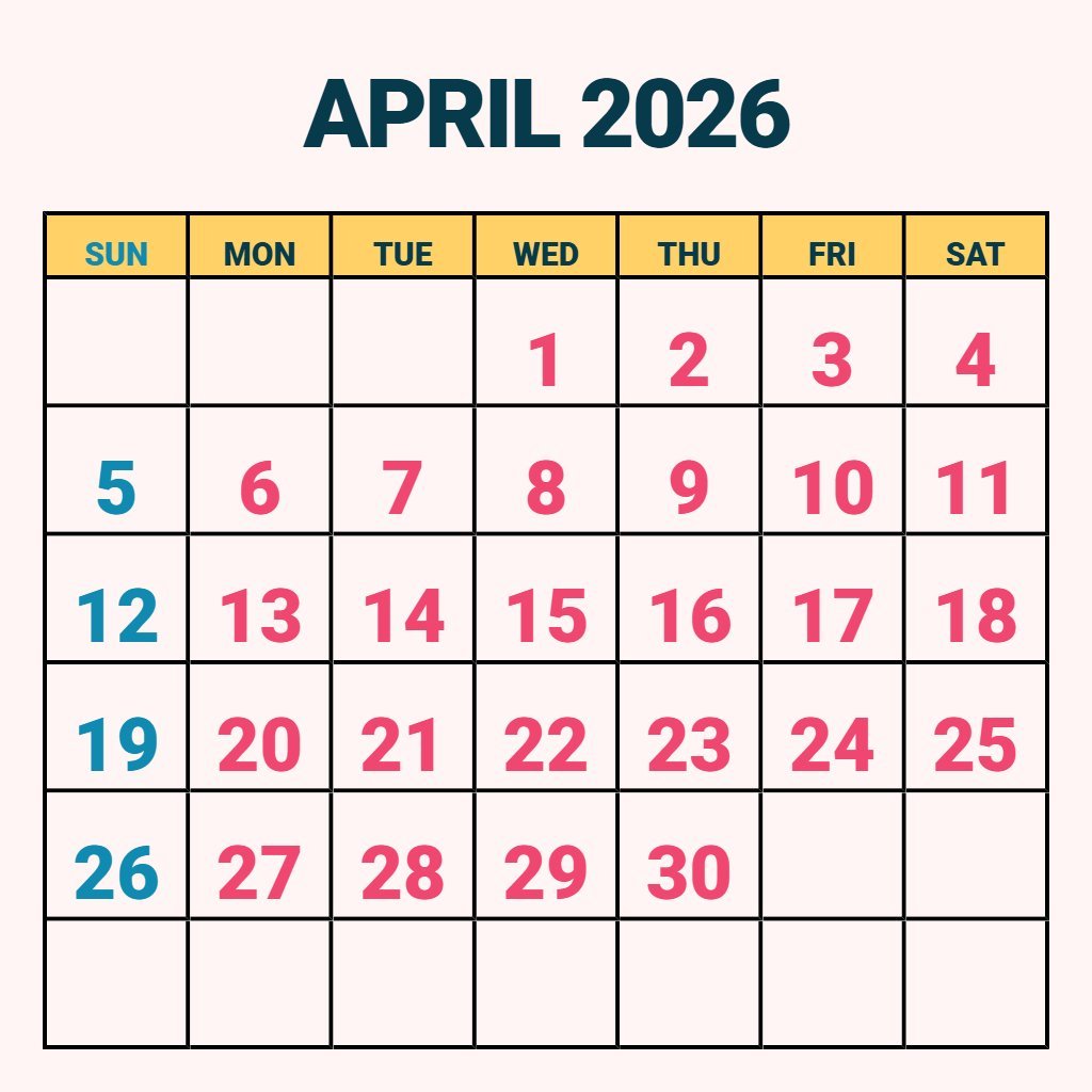 Free April 2026 Calendar Printable With Holidays Notes PDF Download