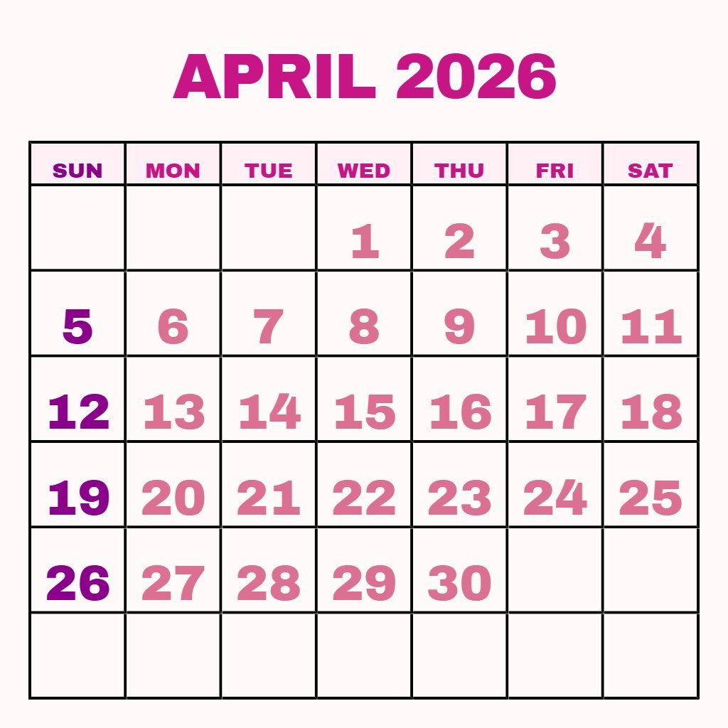Custom April 2026 Printable Calendar With Holidays Schedule PDF Download