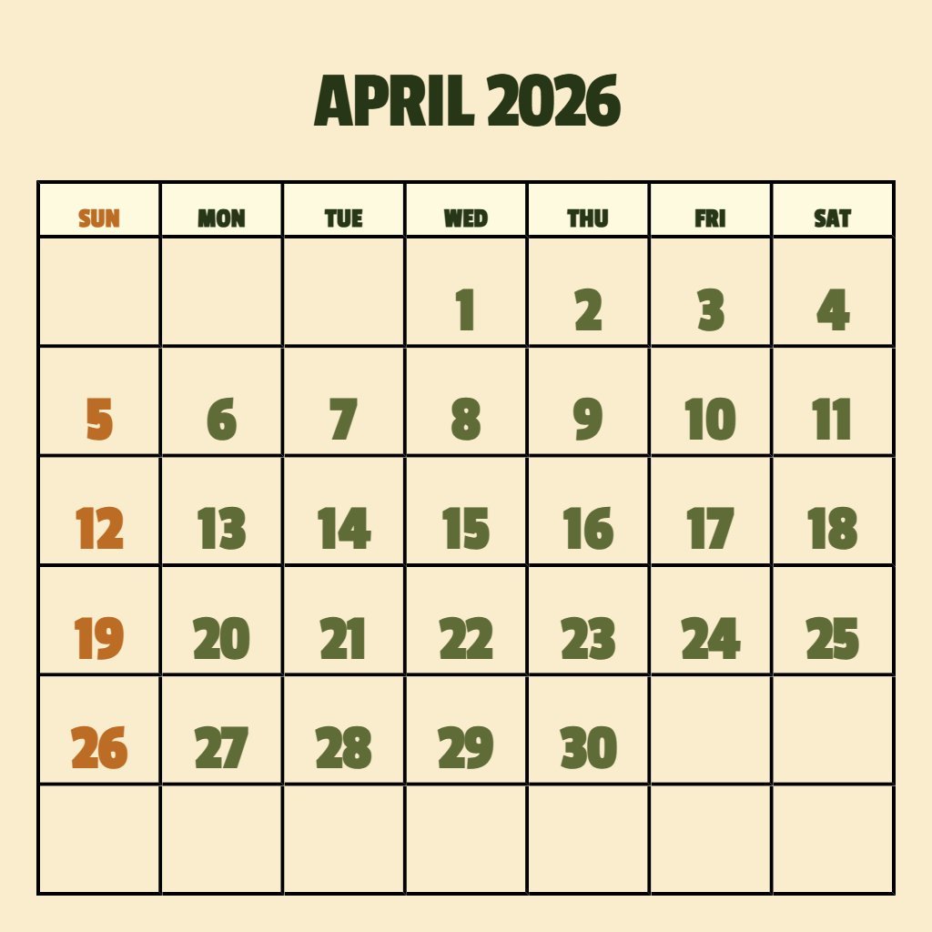 Free April Printable Calendar 2026 Free Schedule PDF Download