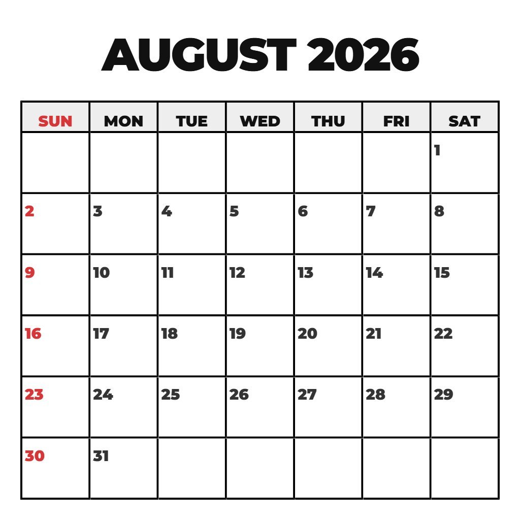 Free August 2026 Blank Calendar Printable Free Schedule PDF Download
