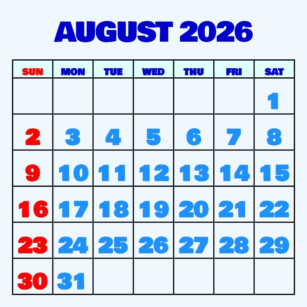 Free August 2026 Blank Calendar Printable Free Notes PDF Download