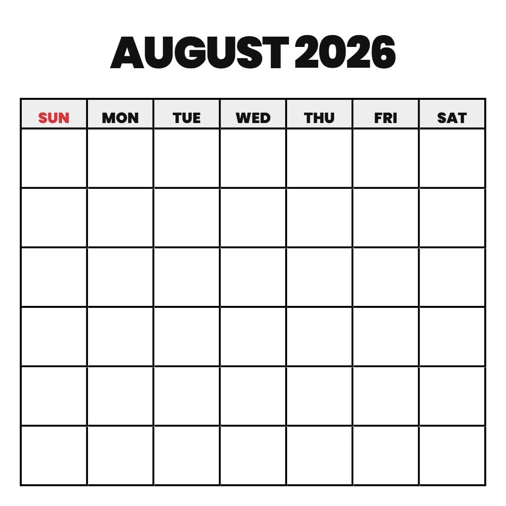 August 2026 Blank Calendar Printable Free PDF Download