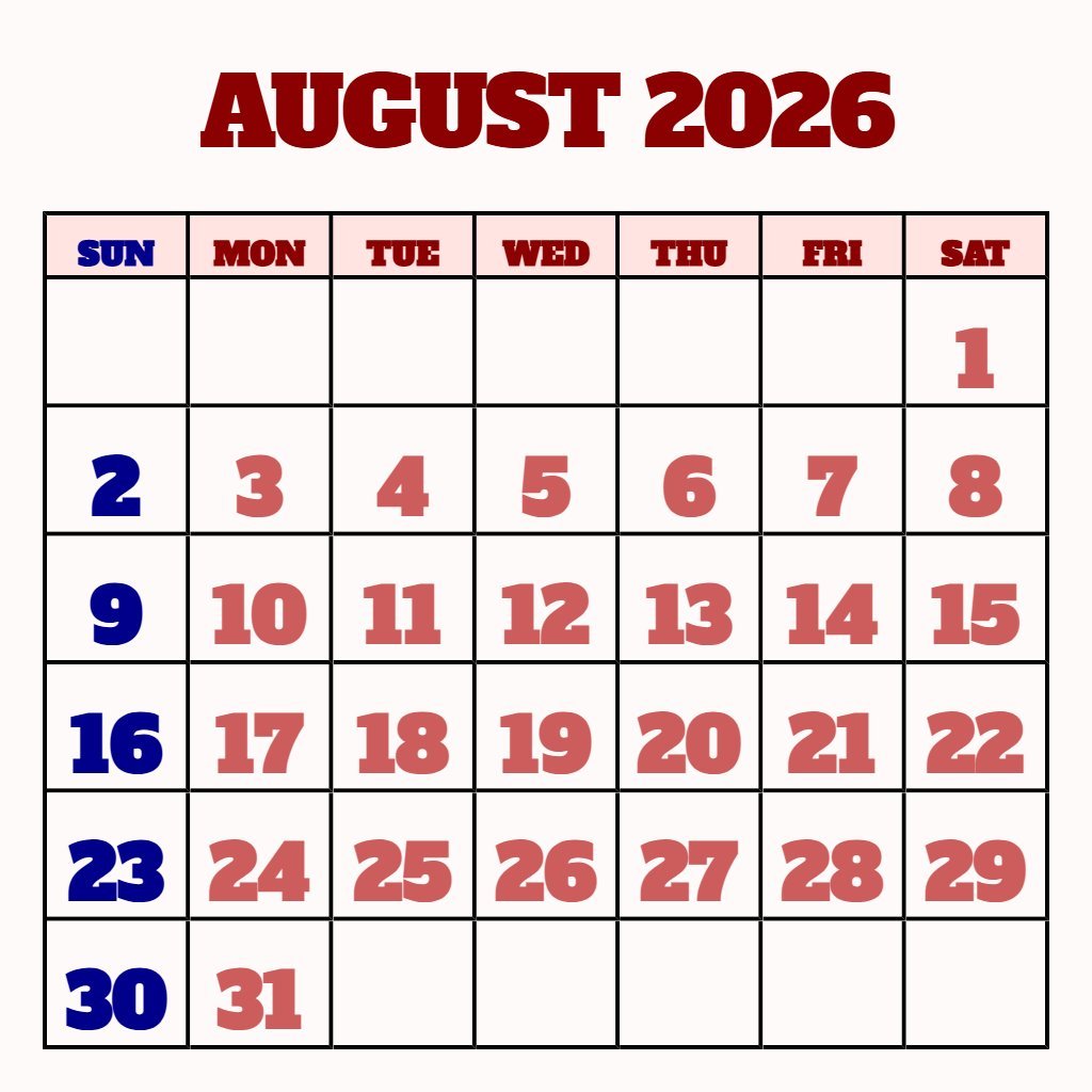 Free August 2026 Calendar Free Printable Pdf Schedule PDF Download