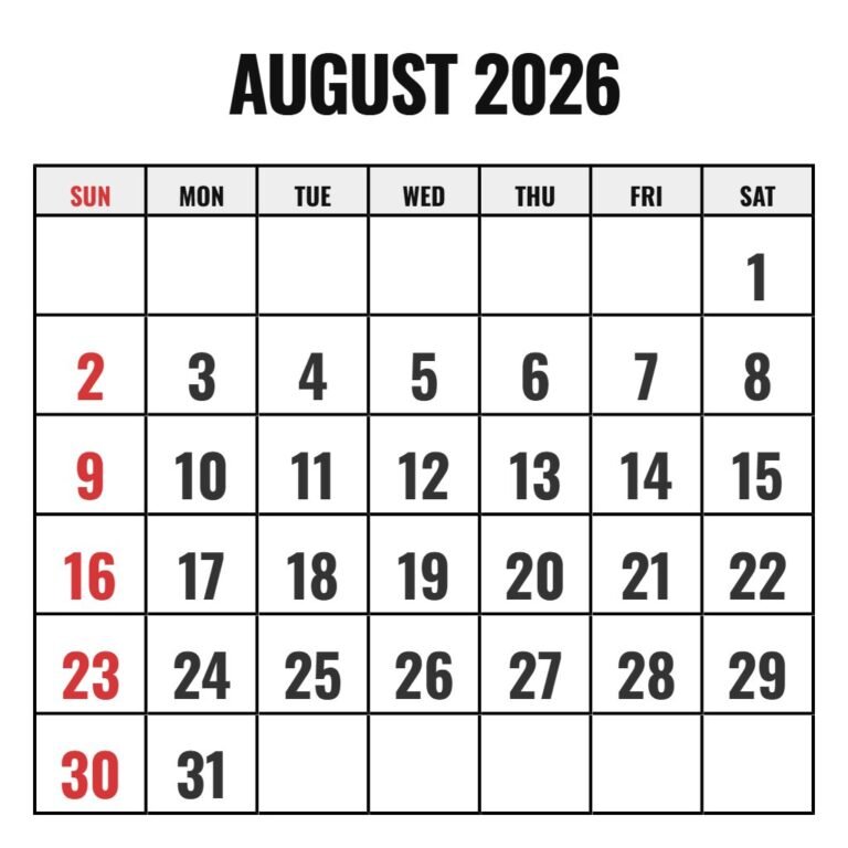 August 2026 Calendar Printable Free PDF Download