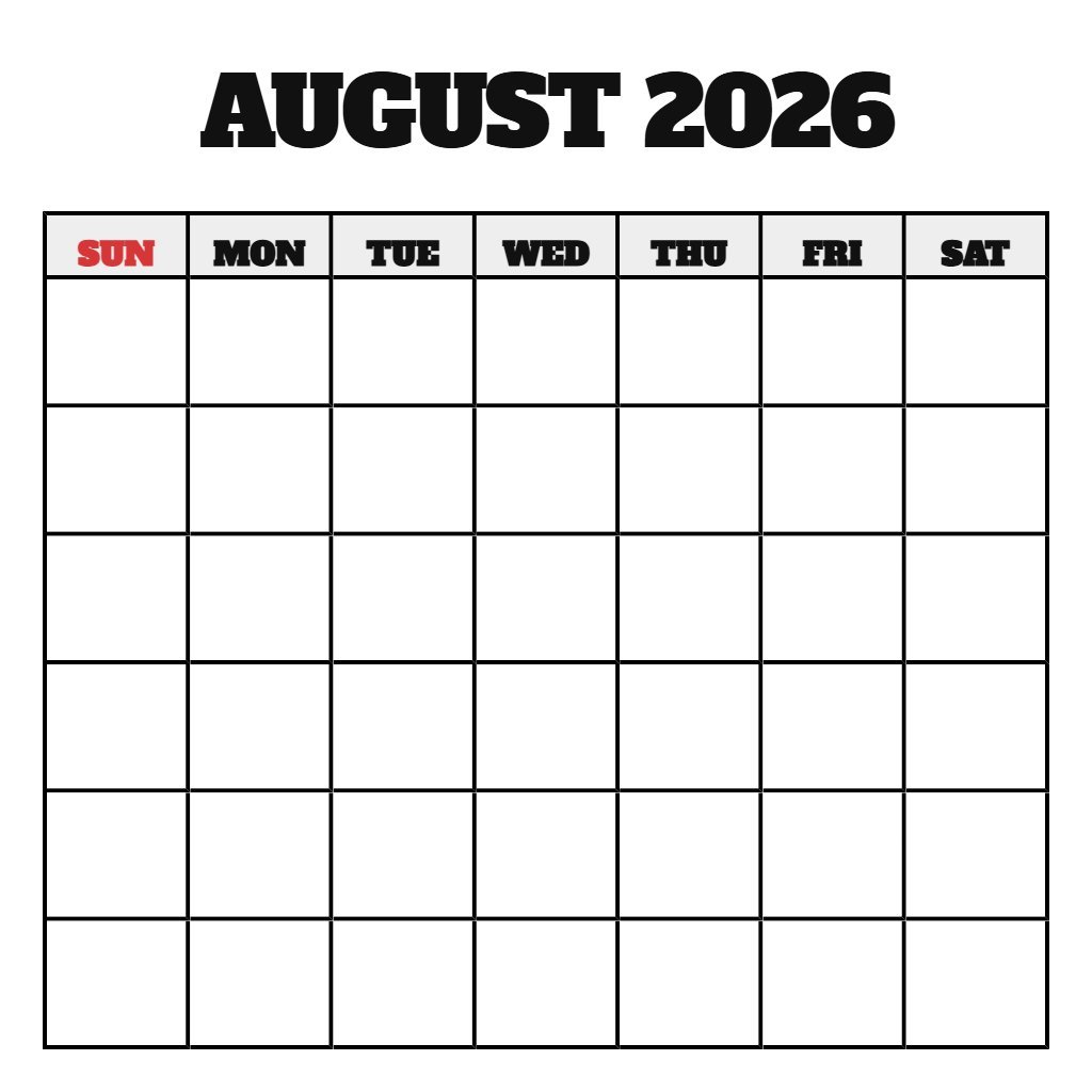August 2026 Calendar Printable Free Blank PDF Download August 2026 Calendar Printable Free Blank PDF Download