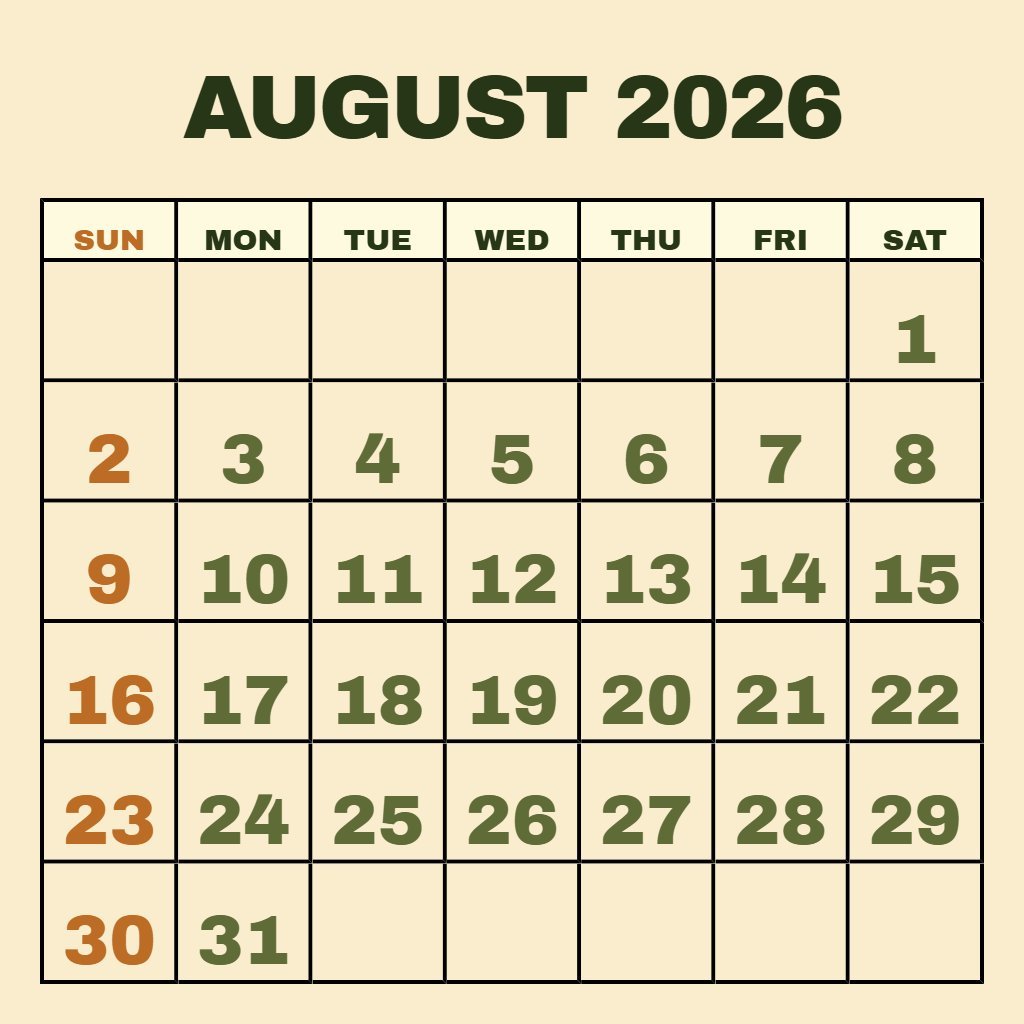 Cute August 2026 Calendar Printable Pdf Wallpaper PDF Download