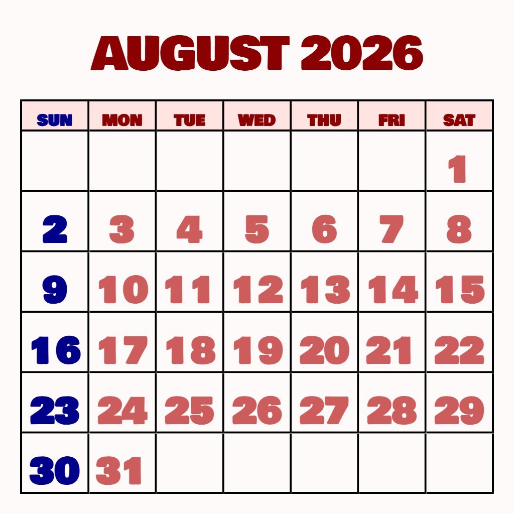 Cute August 2026 Calendar Printable Pdf Free Download Wallpaper PDF Download Cute August 2026 Calendar Printable Pdf Free Download Wallpaper PDF Download