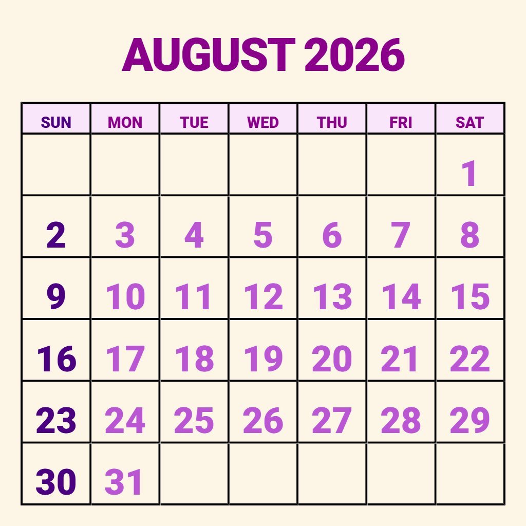 Cute August 2026 Calendar Printable With Holidays Schedule PDF Download