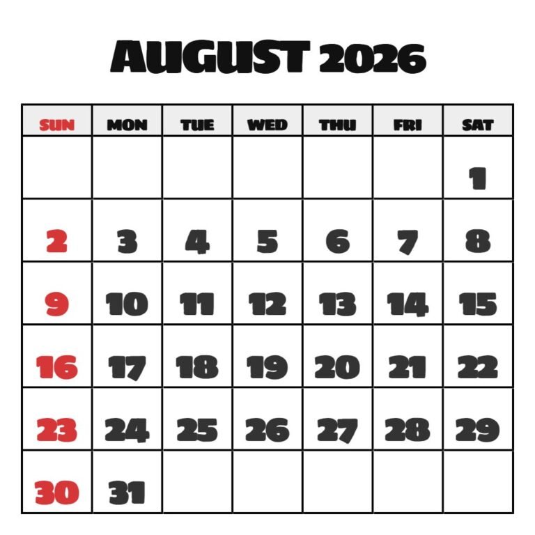 August 2026 Calendar Printable With Holidays PDF Download