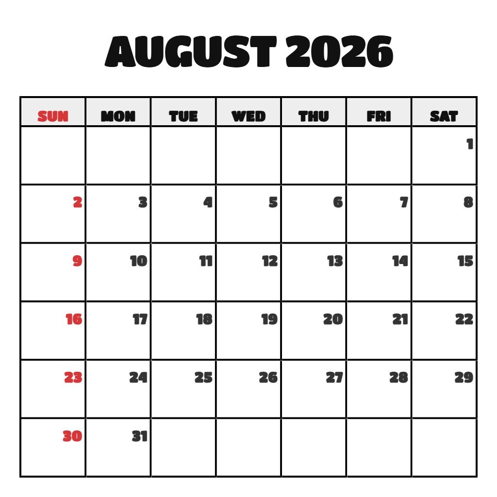 Custom August 2026 Calendar With Holidays Printable Schedule PDF Download