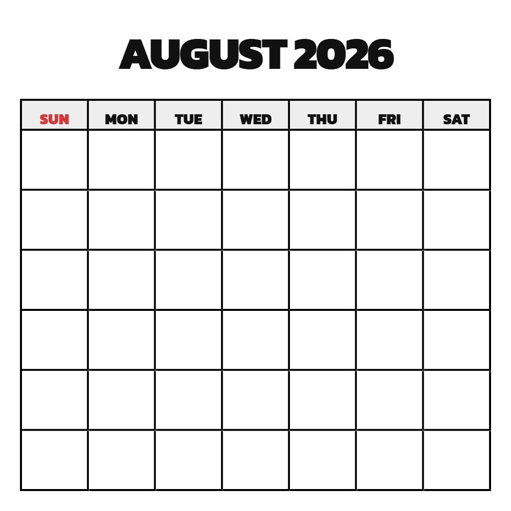 August 2026 Free Printable Calendar Blank PDF Download August 2026 Free Printable Calendar Blank PDF Download