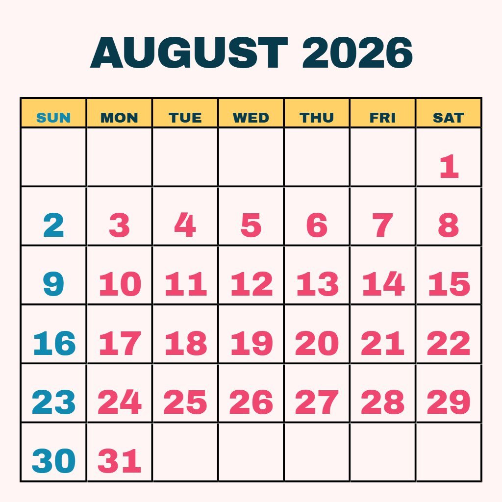 Editable August 2026 Printable Calendar Free Wallpaper PDF Download