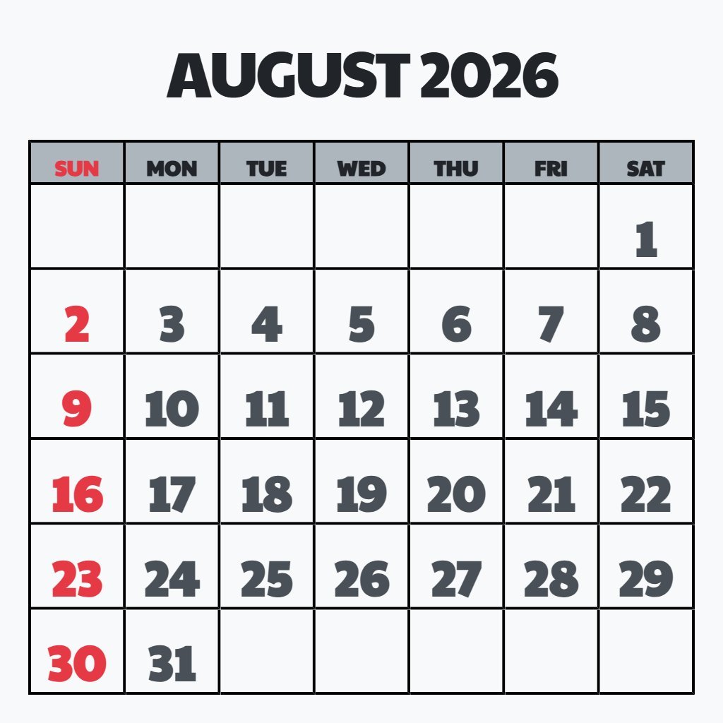 Free August 2026 Printable Calendar Free Planning PDF Download