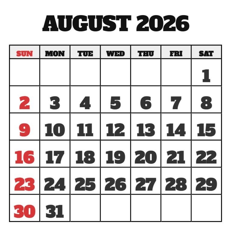 August 2026 Printable Calendar Free PDF Download