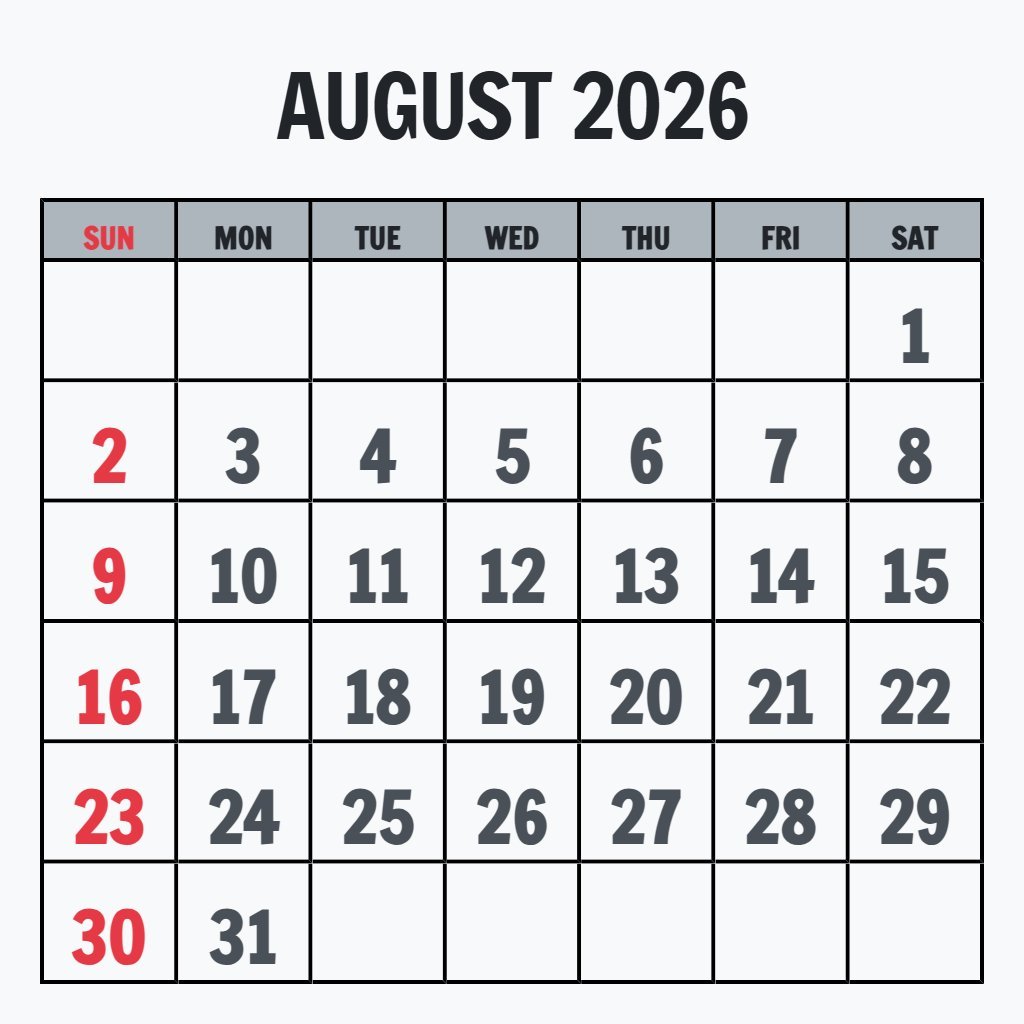 Editable August Calendar 2026 Printable Free Schedule PDF Download Editable August Calendar 2026 Printable Free Schedule PDF Download