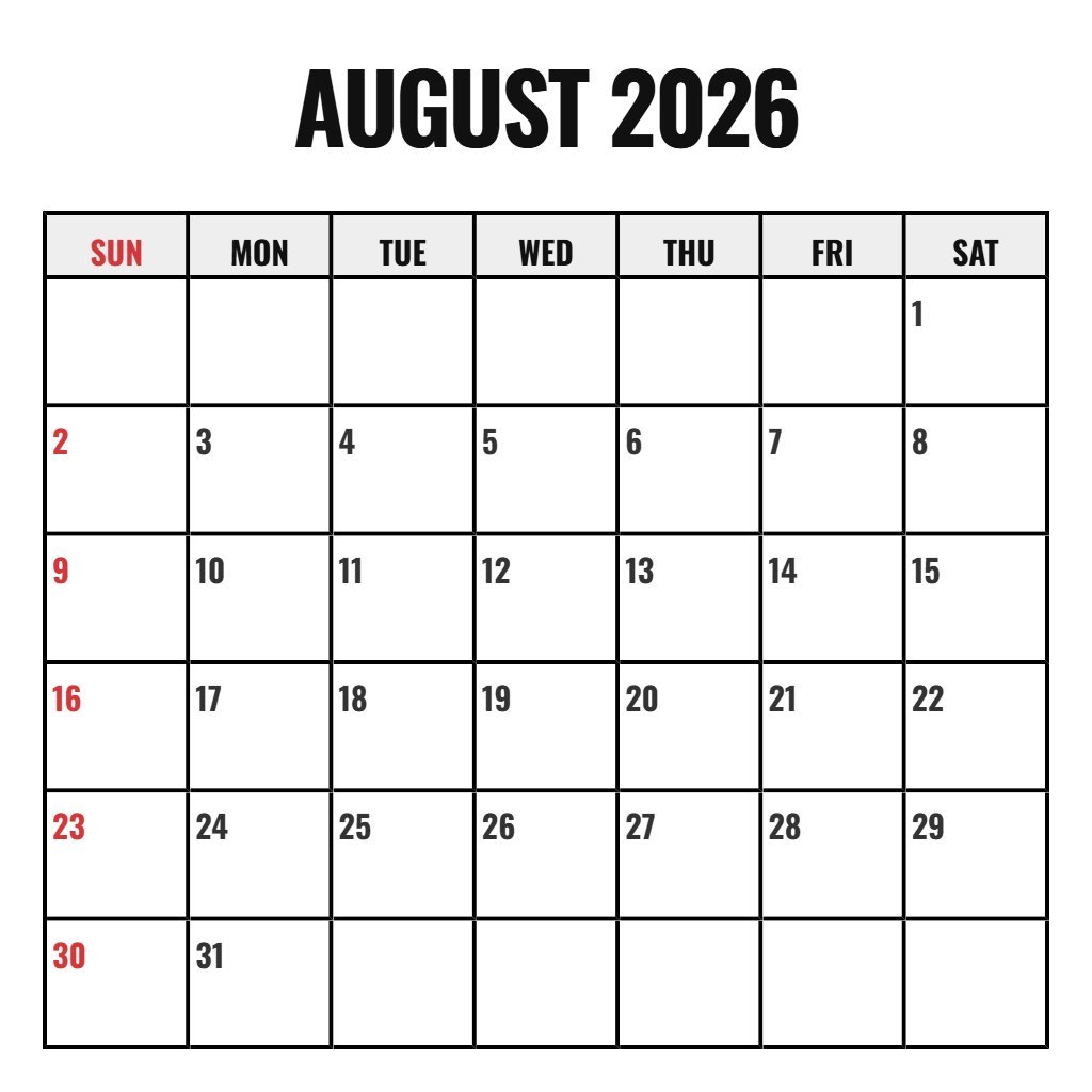 Custom August Calendar Free Printable 2026 Notes PDF Download
