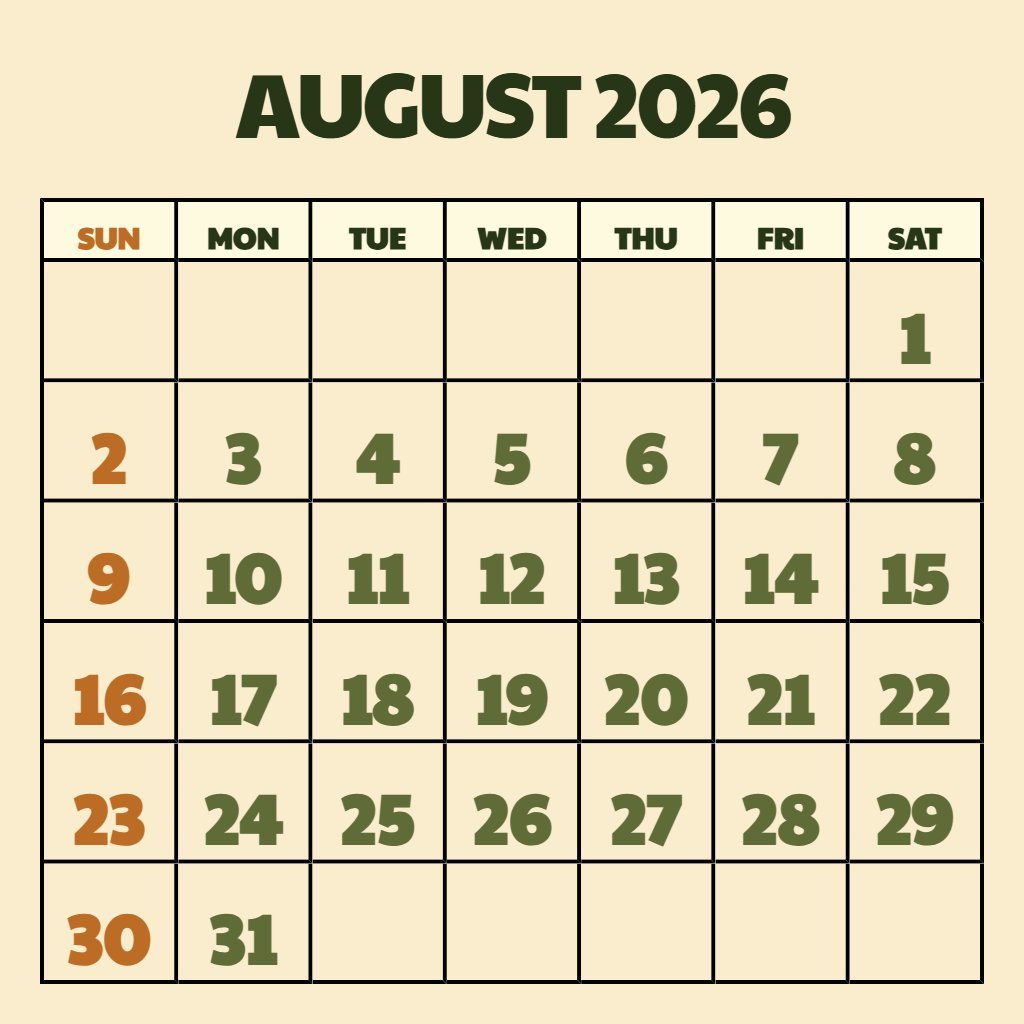 Cute August Calendar Free Printable 2026 Schedule PDF Download