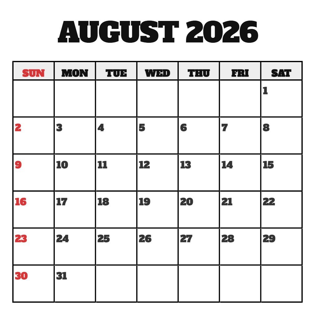 Editable August Free Printable Calendar 2026 Schedule PDF Download