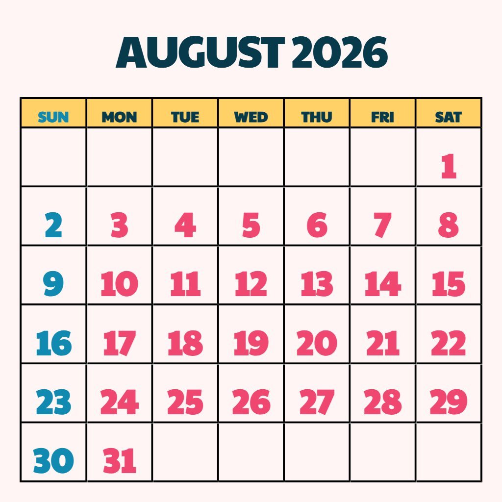 Cute August Free Printable Calendar 2026 Planning PDF Download