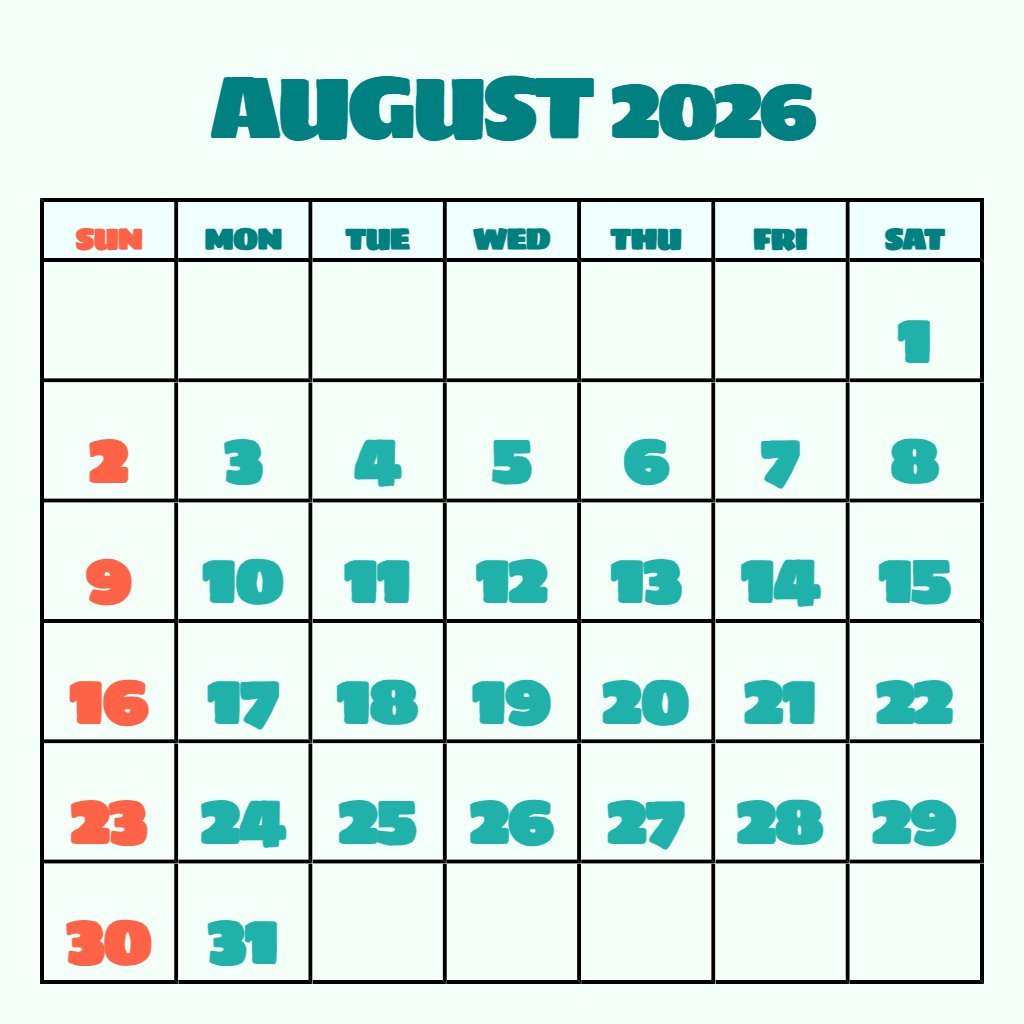 Editable August Free Printable Calendar 2026 Schedule PDF Download