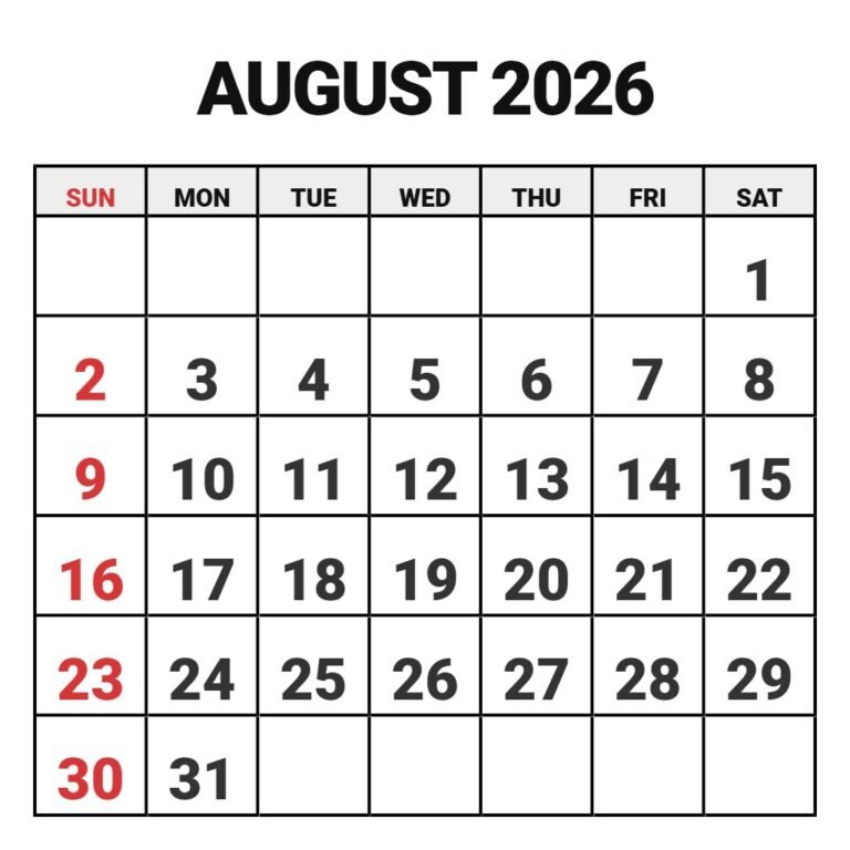 August Free Printable Calendar 2026 PDF Download