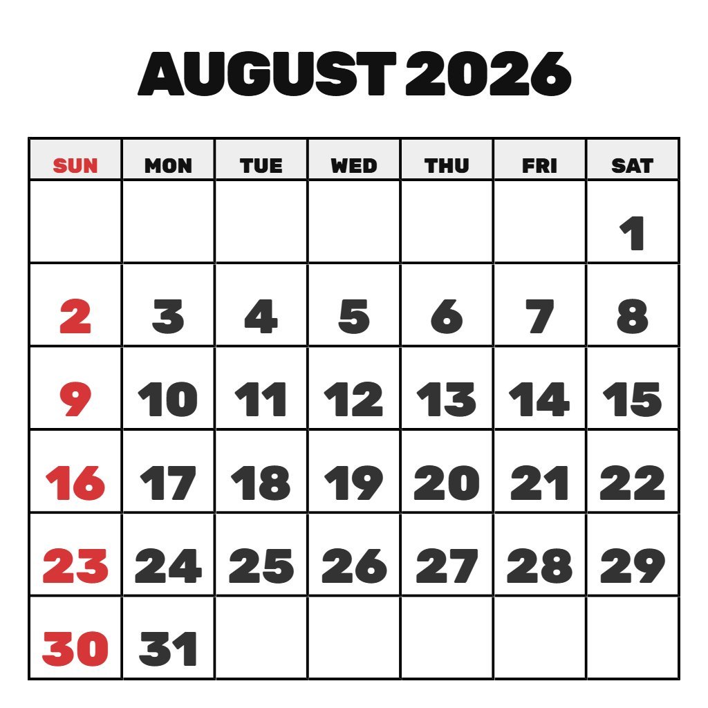 August Printable Calendar 2026 Free August Printable Calendar 2026 Free PDF Download