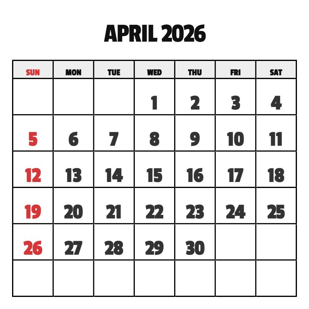 Blank April 2026 Calendar Printable Blank April 2026 Calendar Printable PDF Download