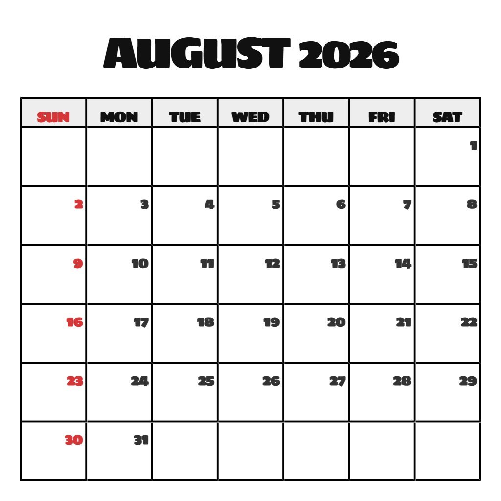 Free Blank August 2026 Calendar Printable Wallpaper PDF Download