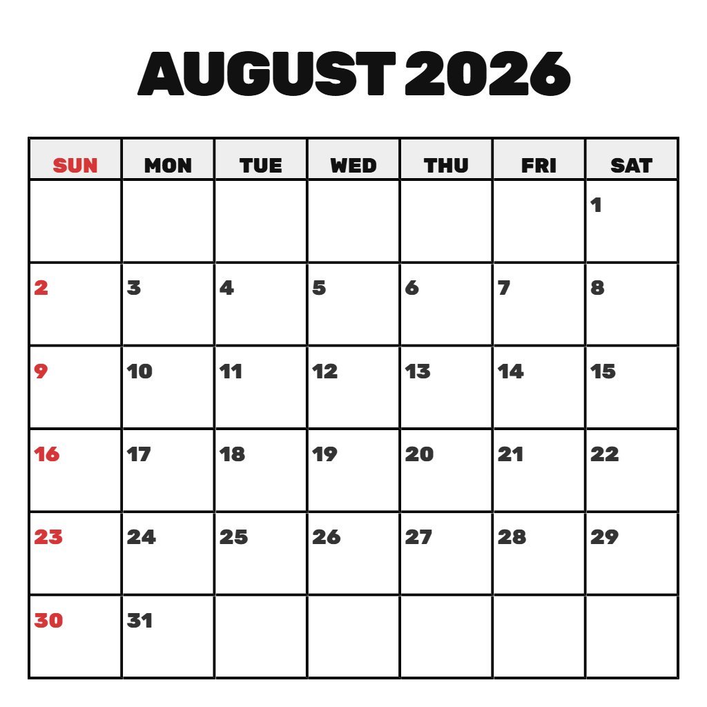 Custom Blank August 2026 Calendar Printable Notes PDF Download