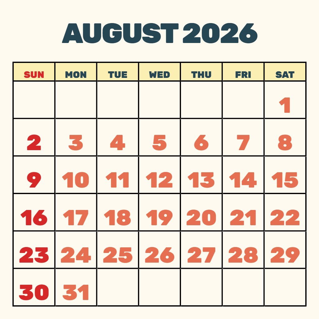 Custom Blank August 2026 Calendar Printable Notes PDF Download