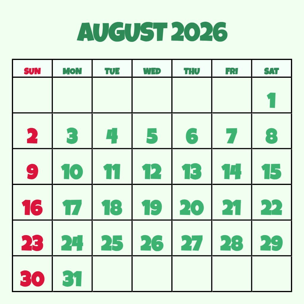 Cute Blank August 2026 Calendar Printable Planning PDF Download