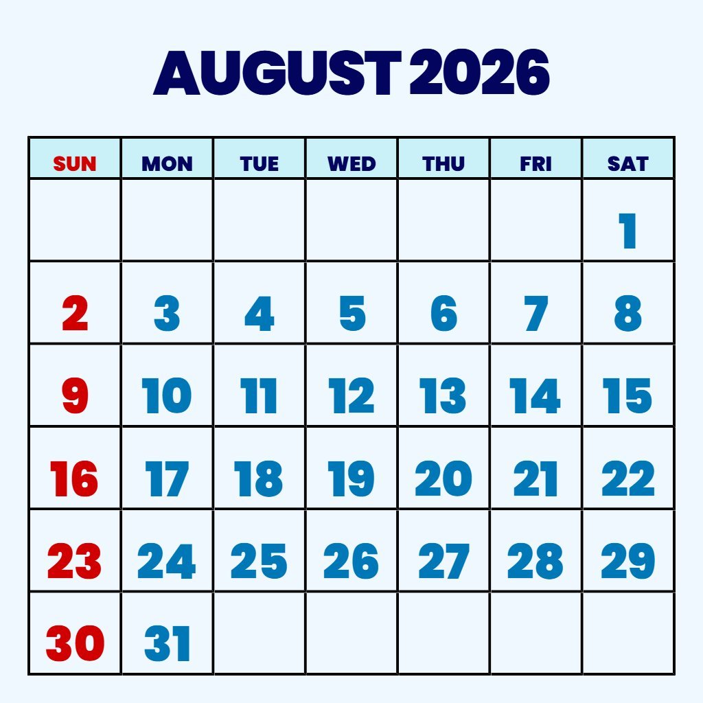 Free Blank August 2026 Calendar Printable Pdf Planning PDF Download