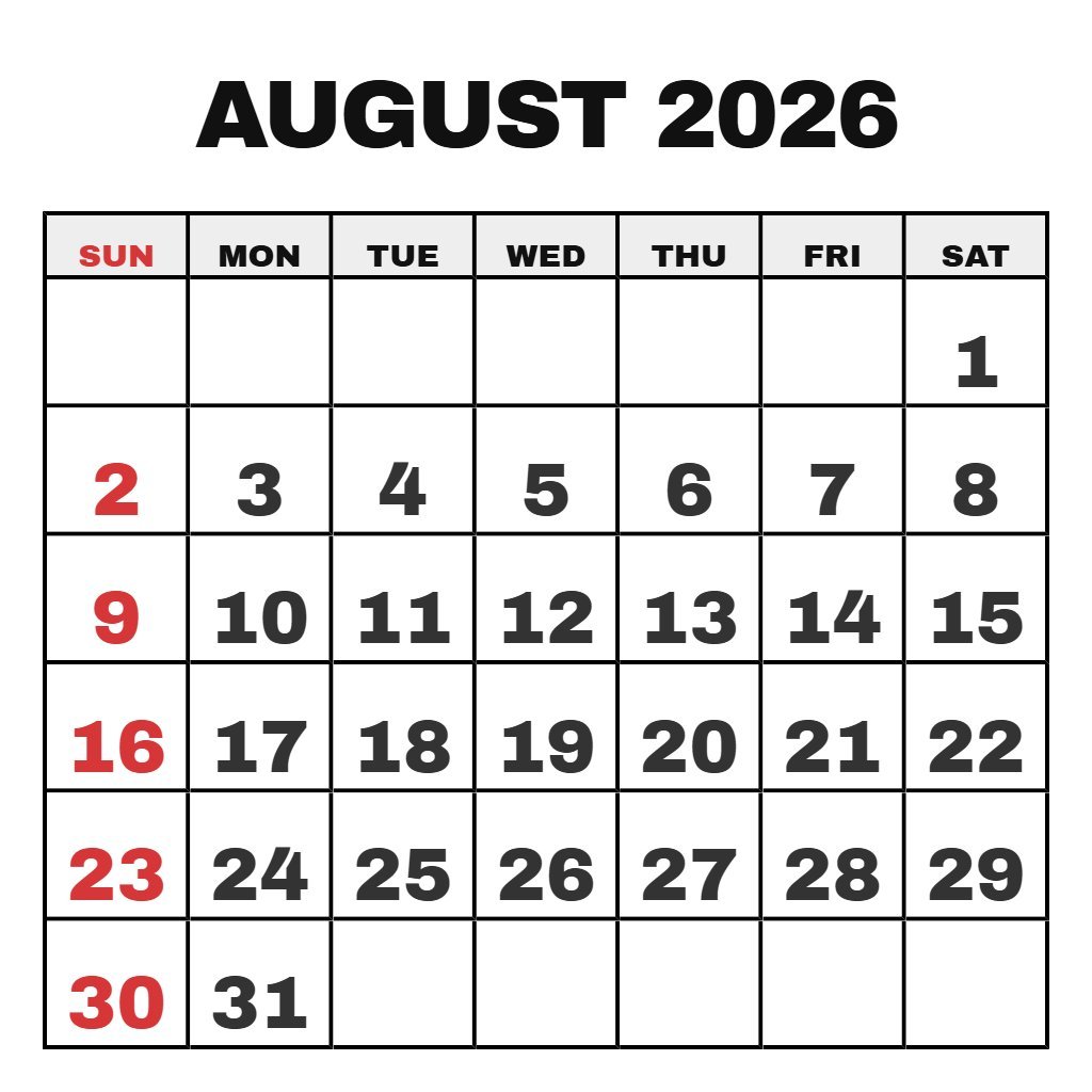 Blank August 2026 Calendar Printable PDF Download