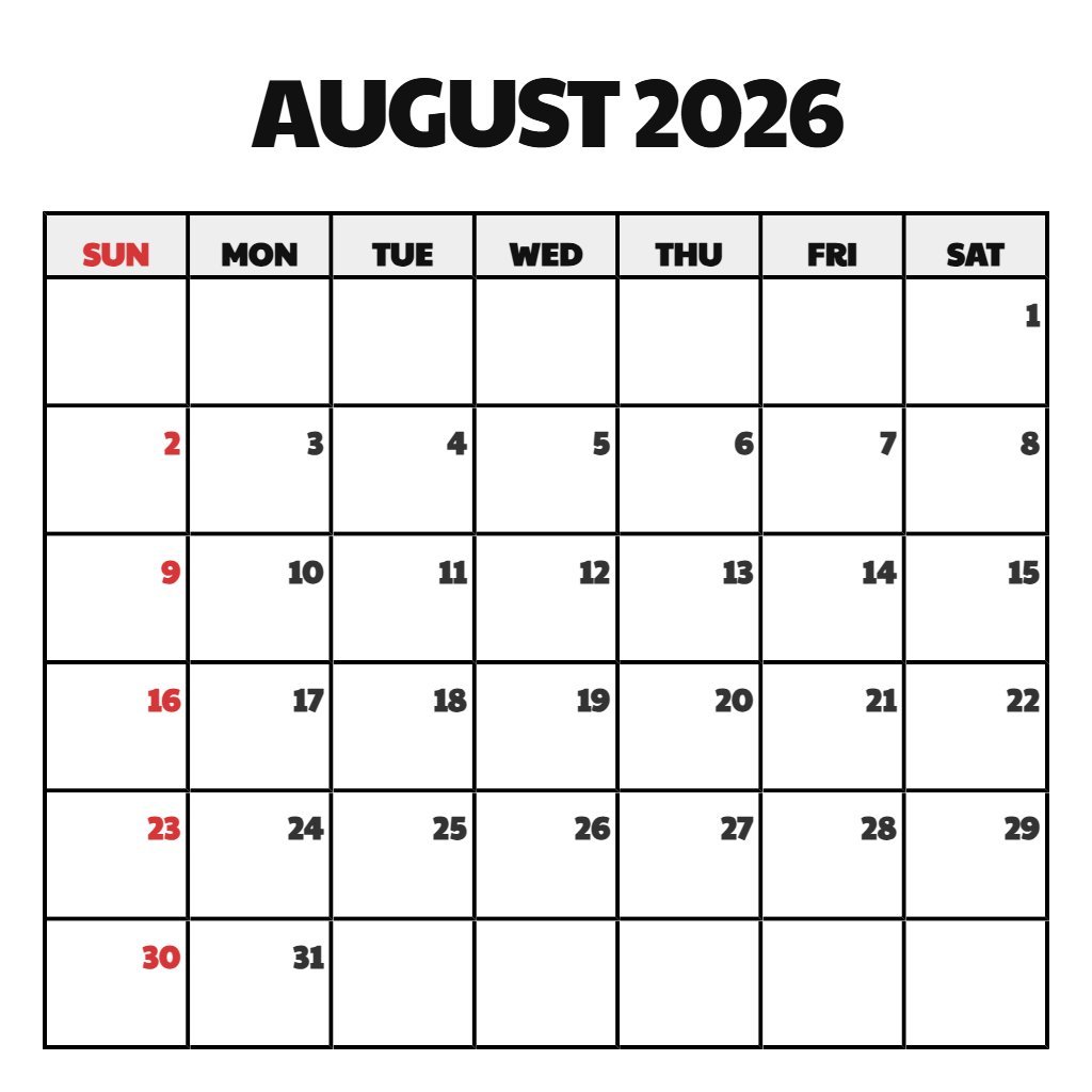 Editable Blank August Calendar 2026 Printable Notes PDF Download