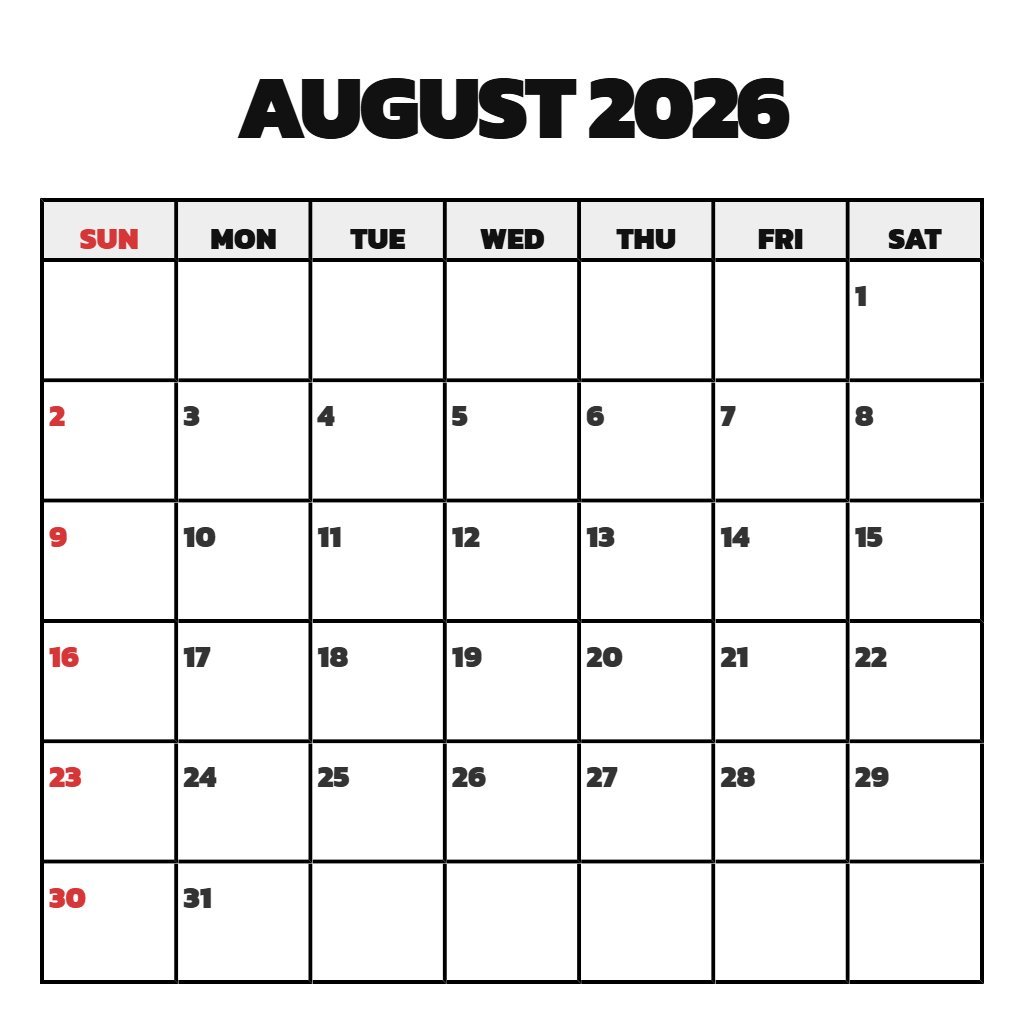 Custom Blank August Calendar 2026 Printable Schedule PDF Download