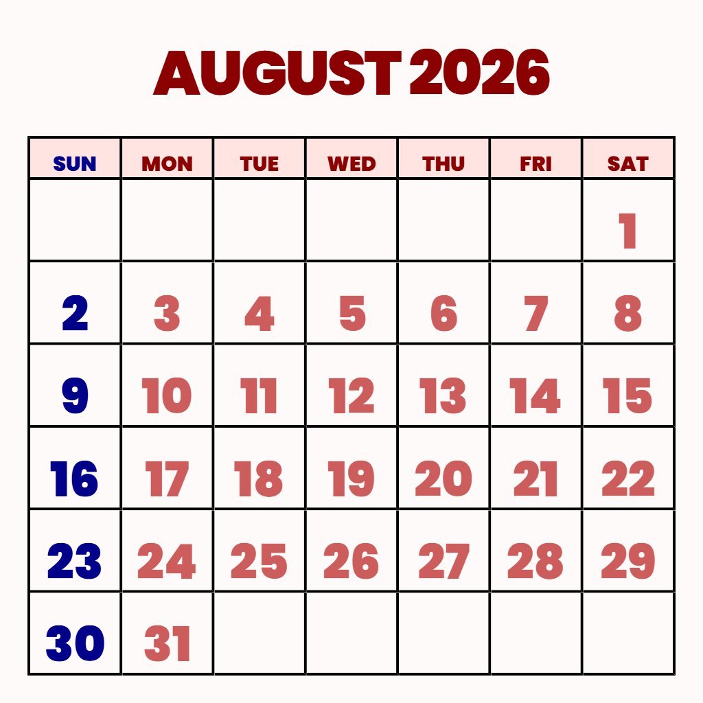 Editable Blank August Calendar 2026 Printable Schedule PDF Download
