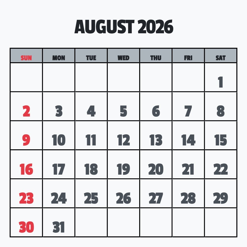 Editable Blank August Calendar 2026 Printable Notes PDF Download
