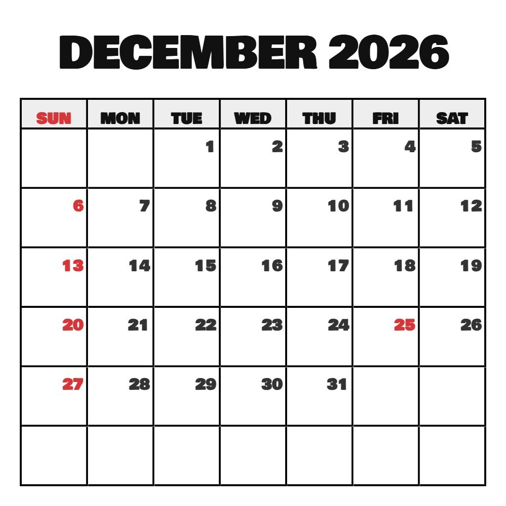 Free Blank Calendar December 2026 Free Printable Notes PDF Download