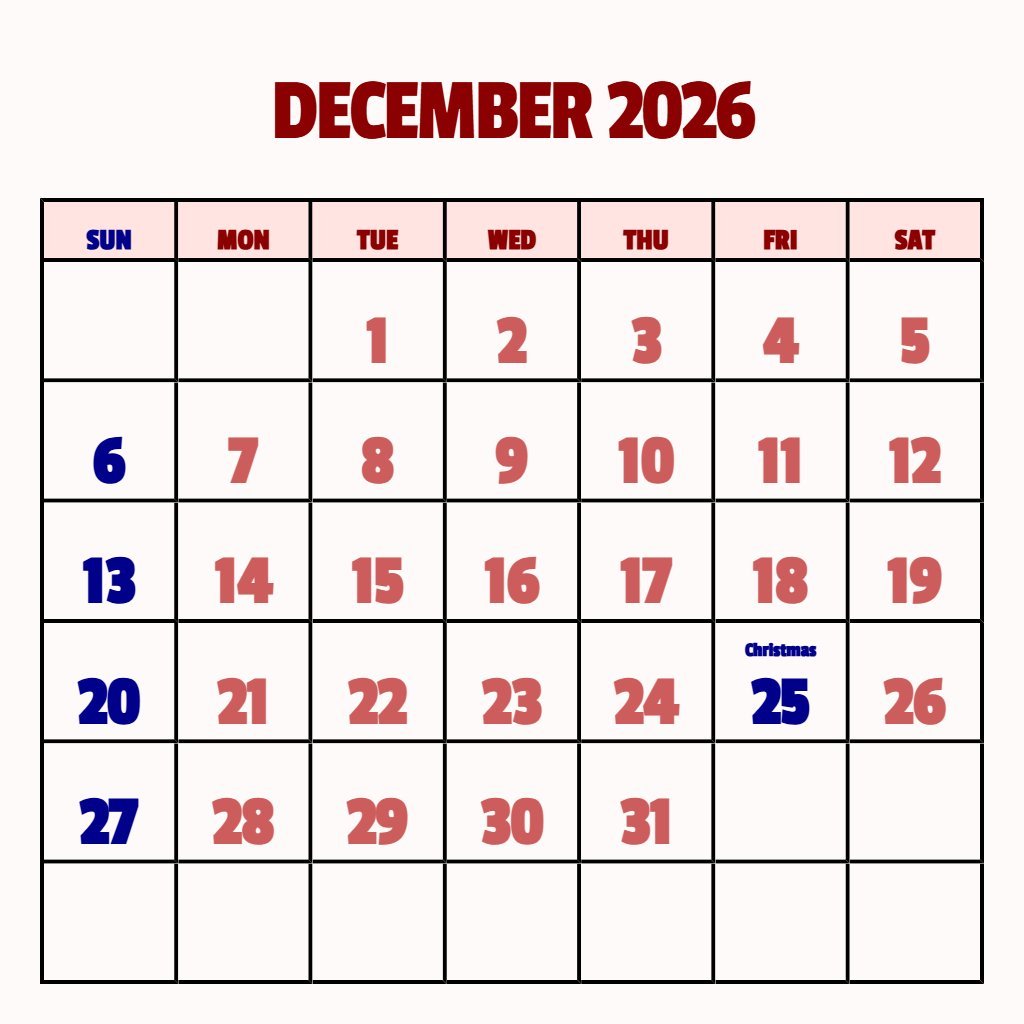 Cute Blank Calendar December 2026 Free Printable Wallpaper PDF Download