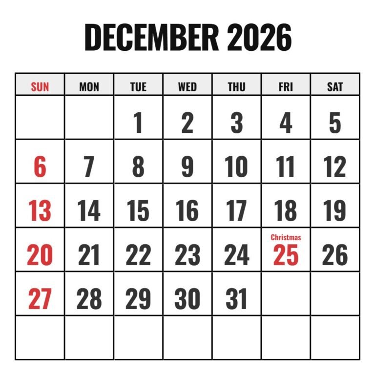 Blank Calendar December 2026 Free Printable PDF Download