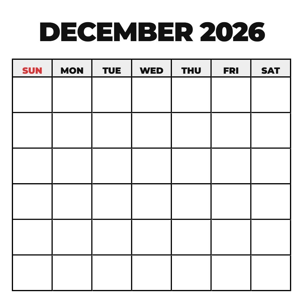Blank Calendar December 2026 Free Printable PDF Download