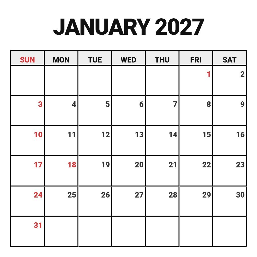 Cute Blank Calendar January 2027 Free Printable Notes PDF Download